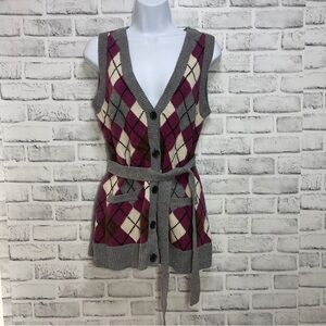 Cabi Argyle Wool Blend Button Front Belted Vest Sweater Style 155 Small